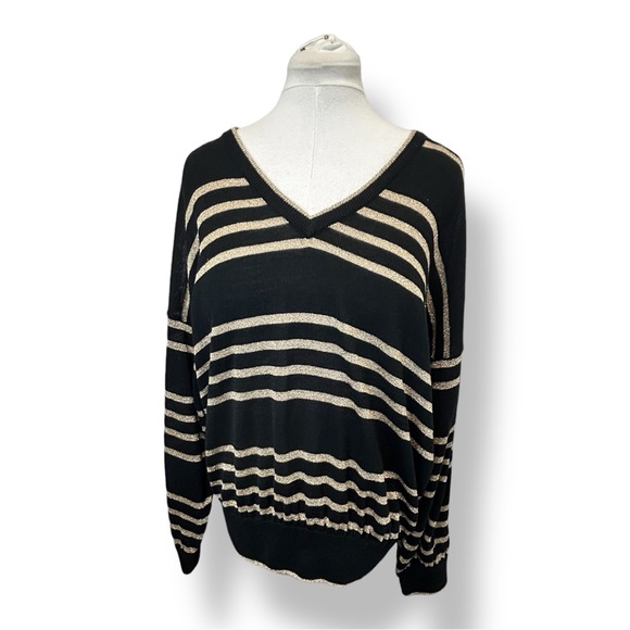 Laurette Sweaters - Laurette Women’s Striped V-Neck Sweater VTG Wool Blend Black/Metallic Gold 2X